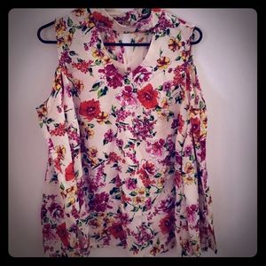 70s style flower print cutout long sleeve shirt